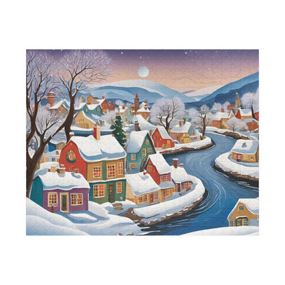 Charming Village Winter Scene Puzzle, Snowy River Landscape Jigsaw Game, 110 252 520 1014-Pieces, Adult Family Fun Activity 520 pcs (Horizontal) The Puzzle Chest