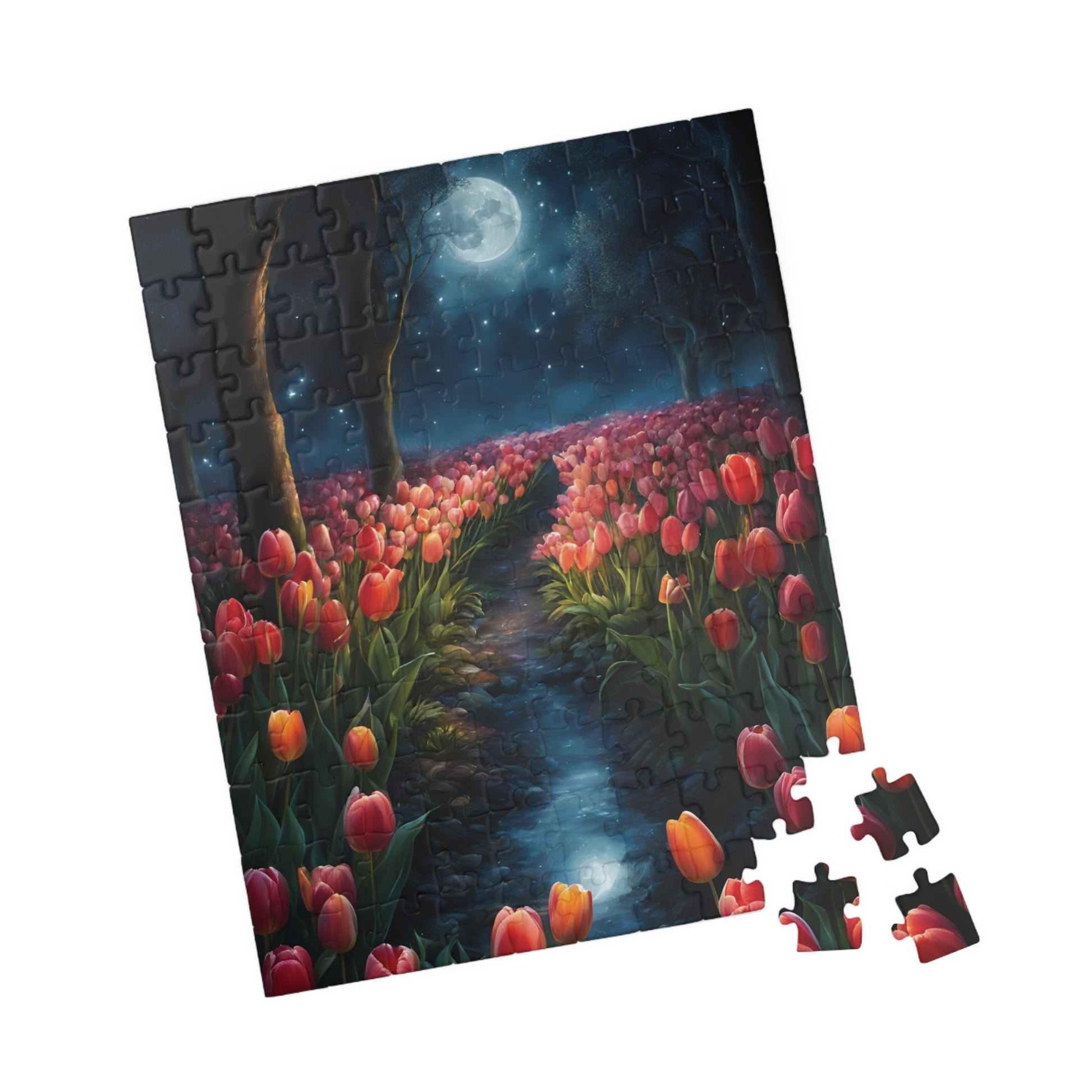 Magical Nighttime Tulip Puzzle, Peaceful Floral Scene Under the Moon, Glowing Flowers and Tranquil River Jigsaw Game, Gift for Nature Lover Puzzle The Puzzle Chest