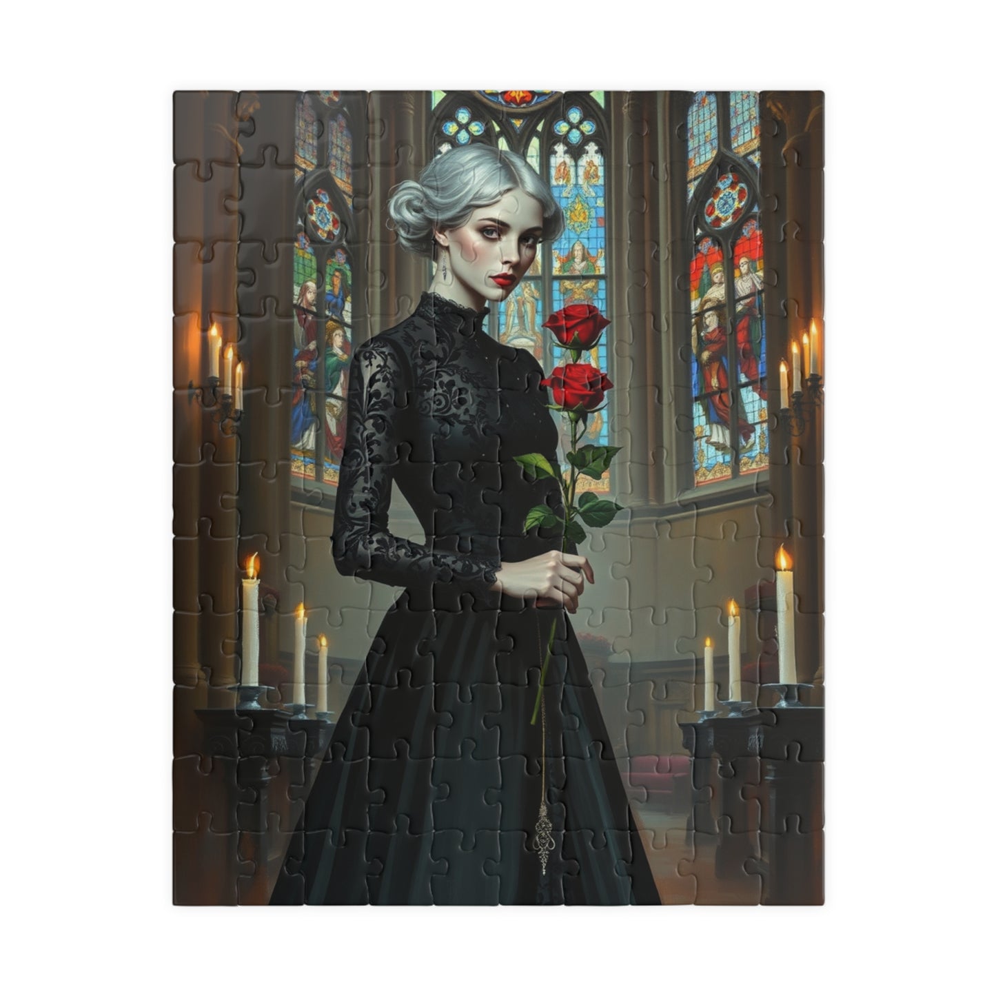 Puzzle, Gothic Art Woman's Portrait in Stained Glass Cathedral, Adult Dark Fantasy Jigsaw Game, Relaxing Activity, MIndfulness 110 pcs (Vertical) Puzzle The Puzzle Chest