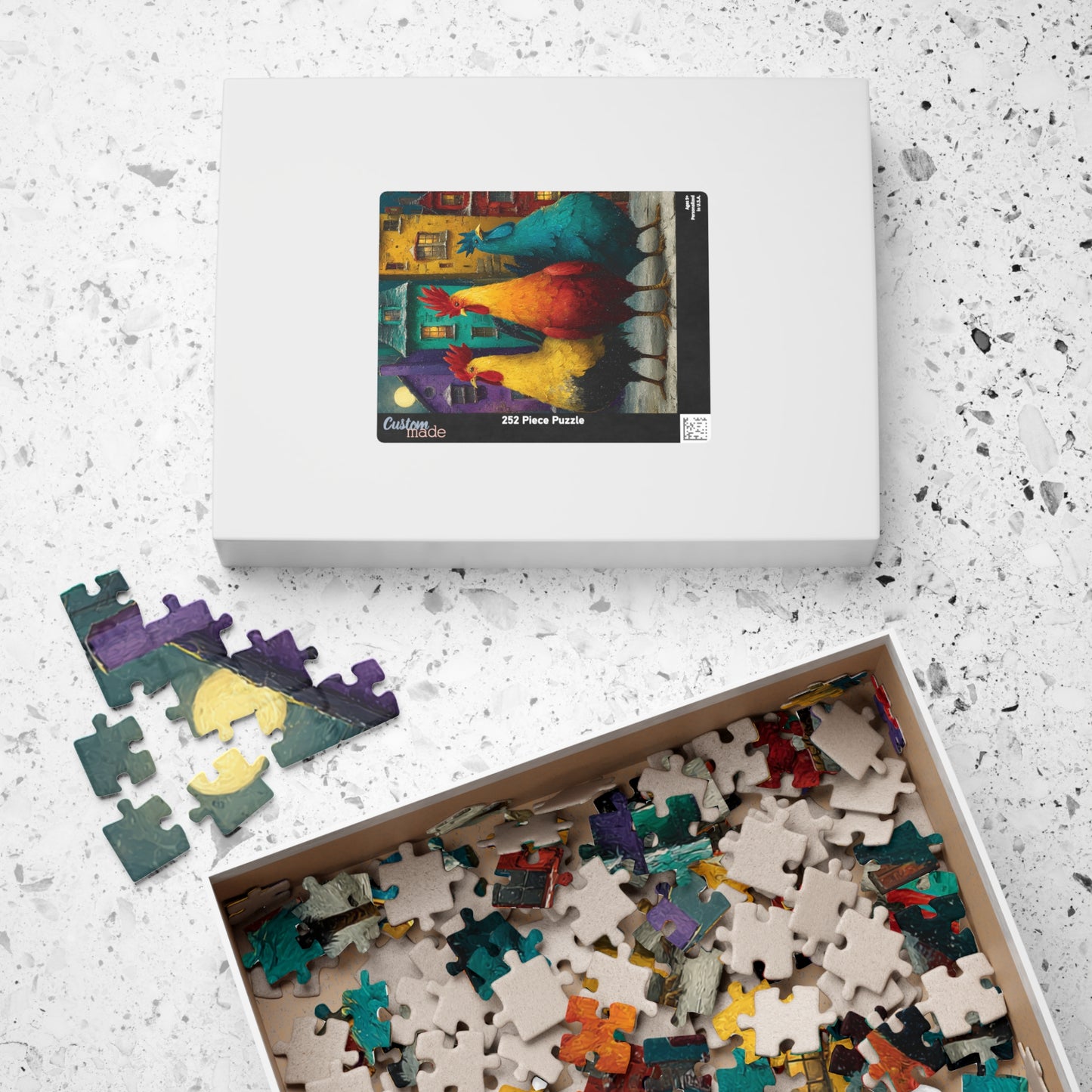 Moonlit Roosters in a Snowy Village Jigsaw Puzzle - Chickens and Colorful Crooked Houses Puzzle The Puzzle Chest