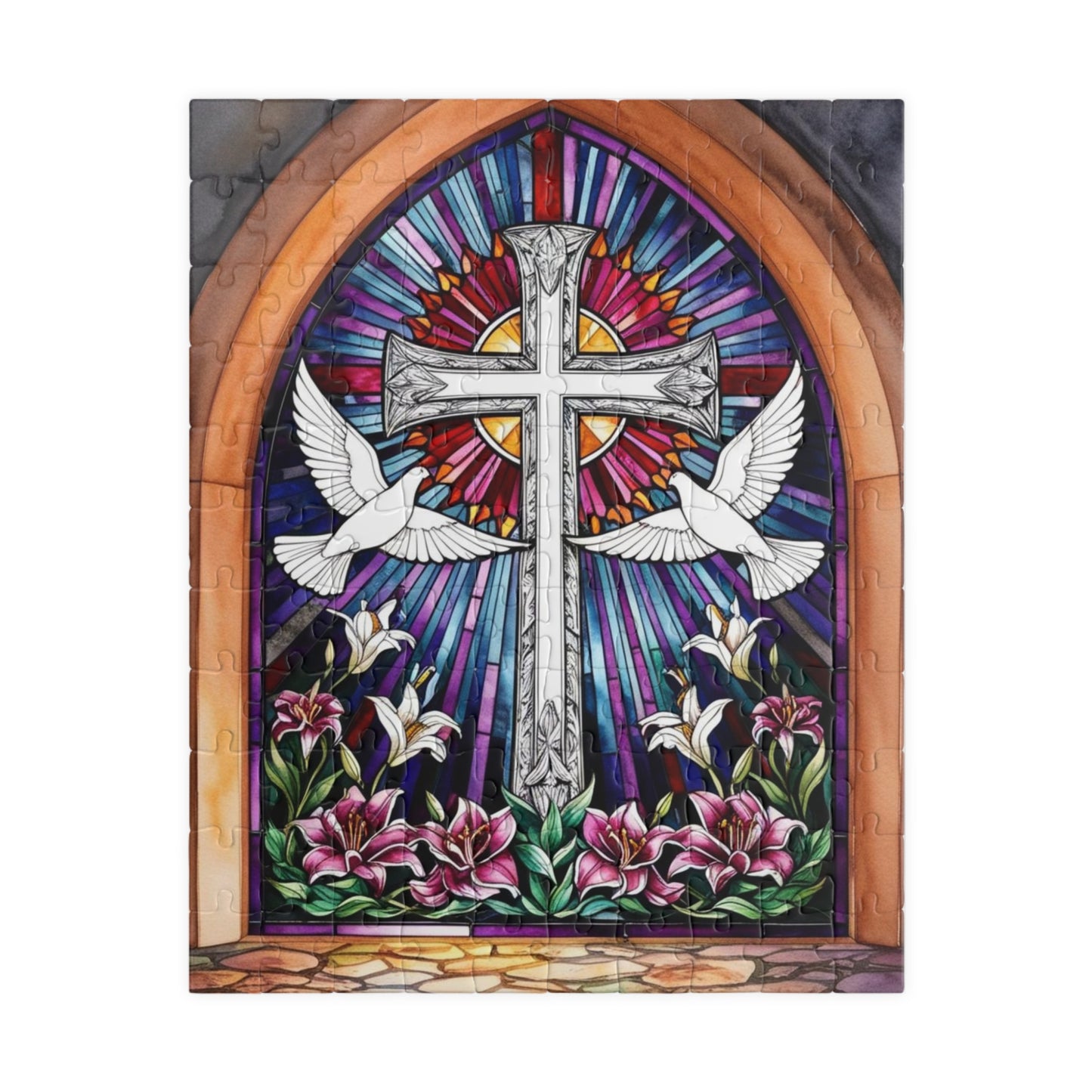 Stained Glass Cross Puzzle, Dove and Lily Flower Design, Faith-Based Christian Jigsaw Game for Adults, Mindful Hobby Gift for Puzzle Lover
