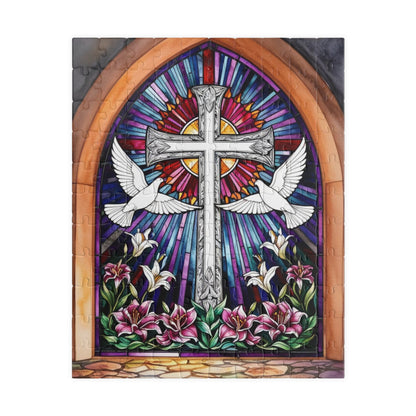 Stained Glass Cross Puzzle, Dove and Lily Flower Design, Faith-Based Christian Jigsaw Game for Adults, Mindful Hobby Gift for Puzzle Lover