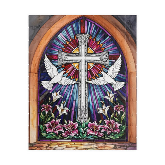 Stained Glass Cross Puzzle, Dove and Lily Flower Design, Faith-Based Christian Jigsaw Game for Adults, Mindful Hobby Gift for Puzzle Lover
