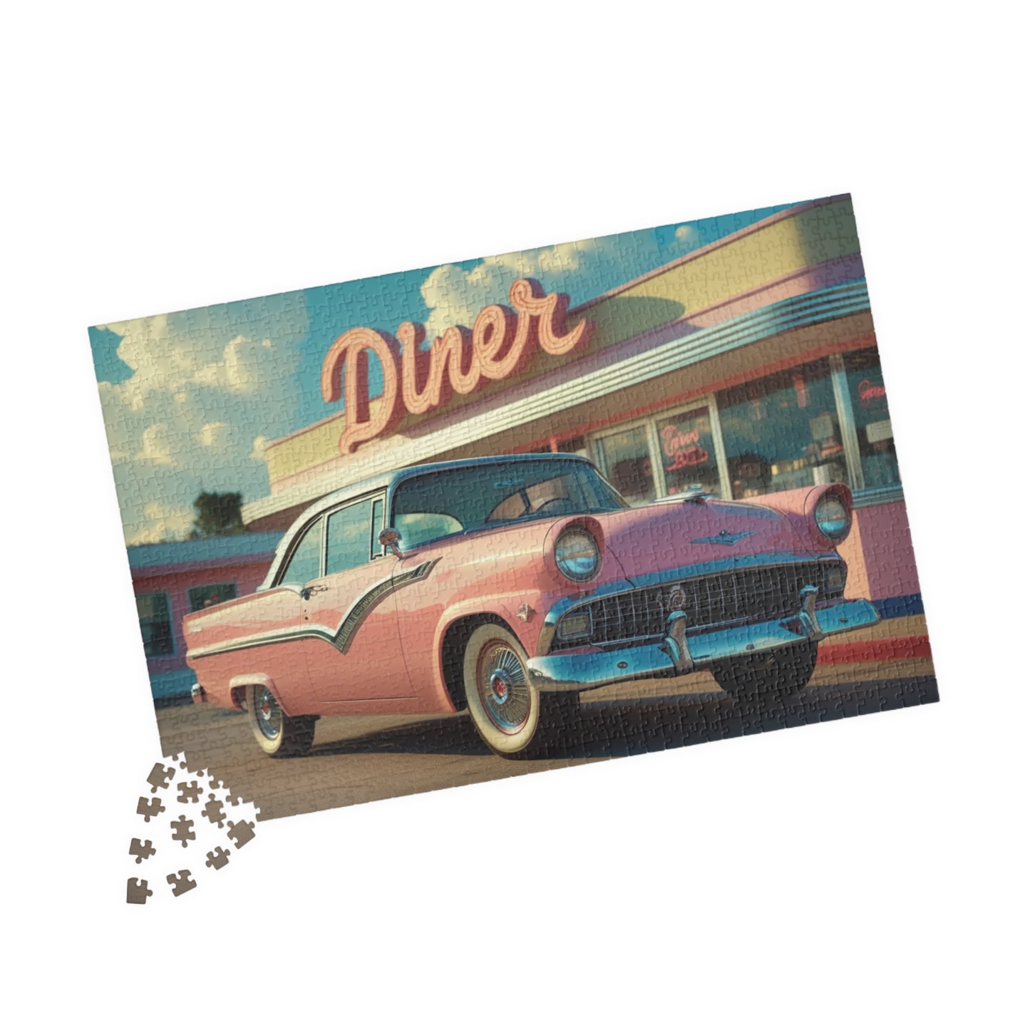 Vintage Auto Jigsaw Puzzle, 1955 Crown Victoria Retro Diner Scene, Nostalgic Auto Art Puzzle The Puzzle Chest
