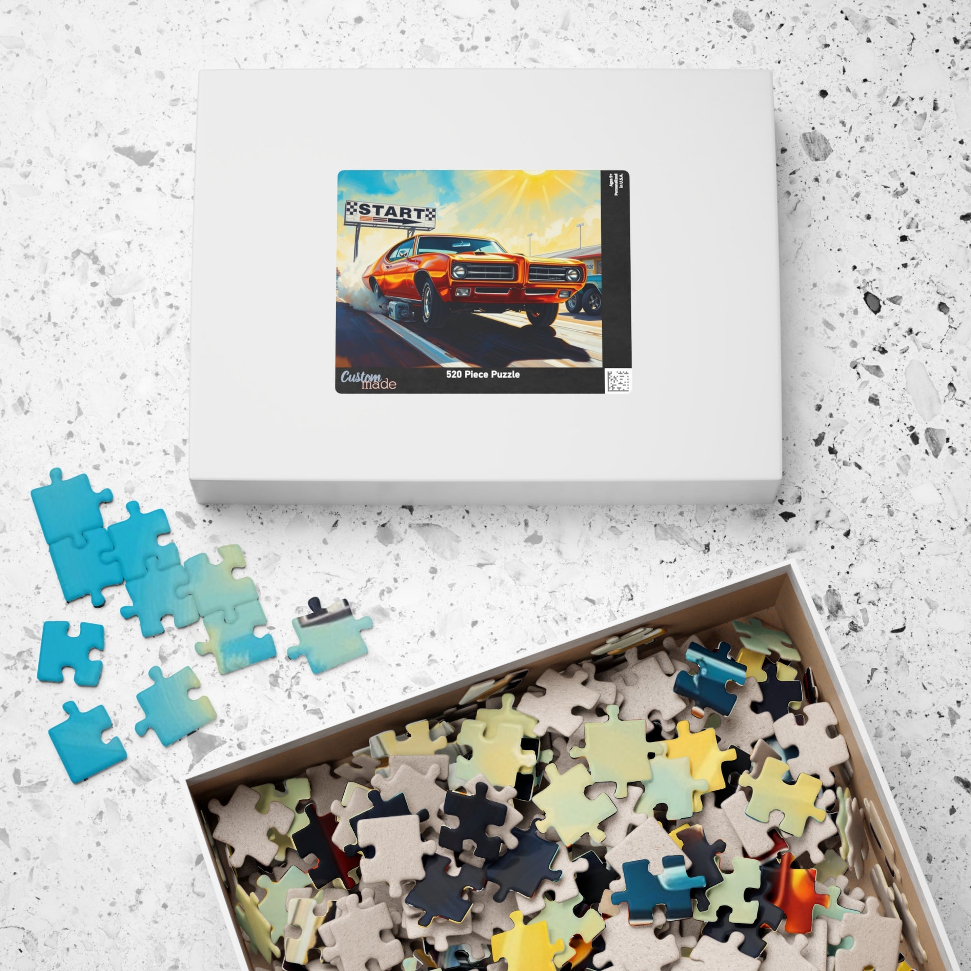 Vintage Muscle Car Puzzle, Classic Metallic Orange 1969 Pontiac GTO, Drag Race Strip Scene Jigsaw Game for Him, Mindful Puzzle Lover Gift Puzzle The Puzzle Chest
