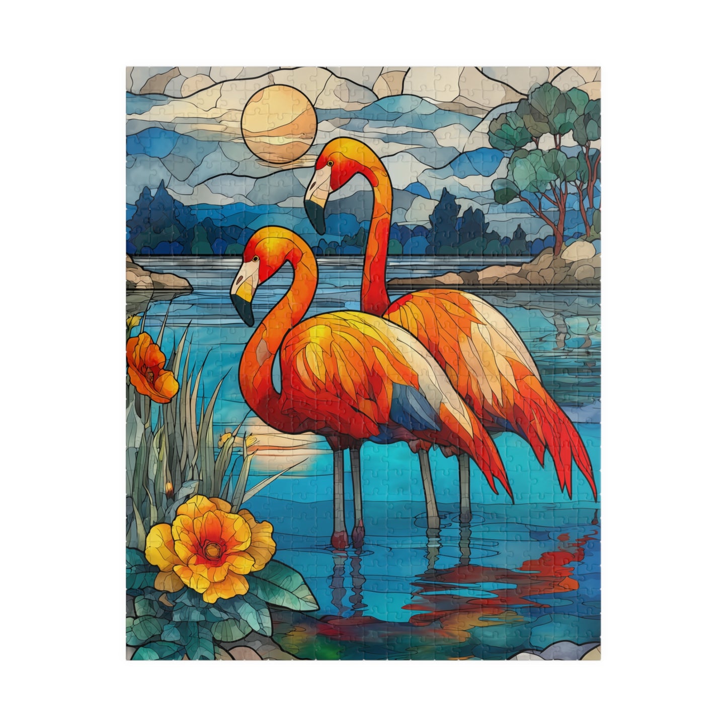 Stained Glass Style Flamingos Puzzle | 110/252/520/1014 Piece Bird Lover Jigsaw Puzzle The Puzzle Chest
