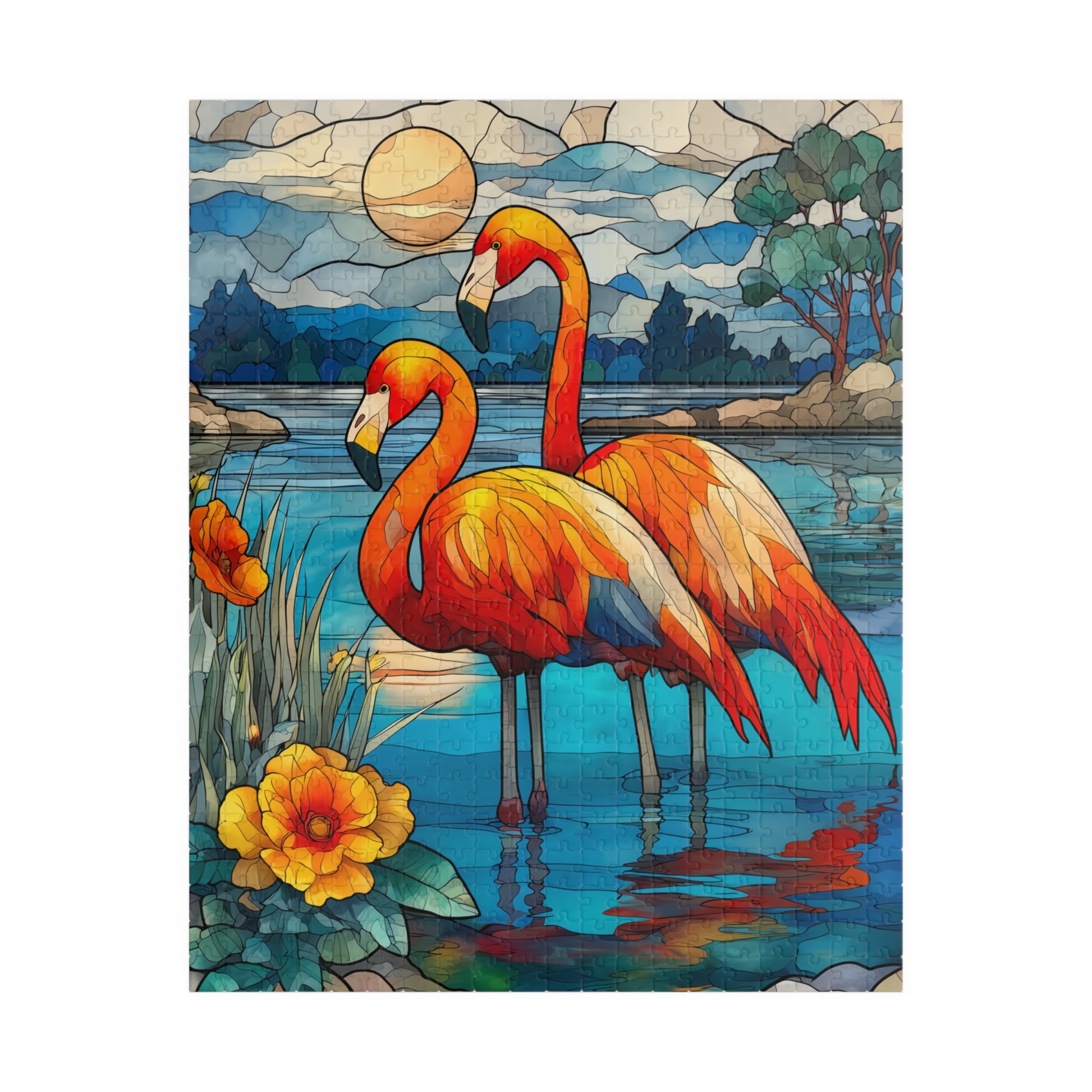 Stained Glass Style Flamingos Puzzle | 110/252/520/1014 Piece Bird Lover Jigsaw Puzzle The Puzzle Chest