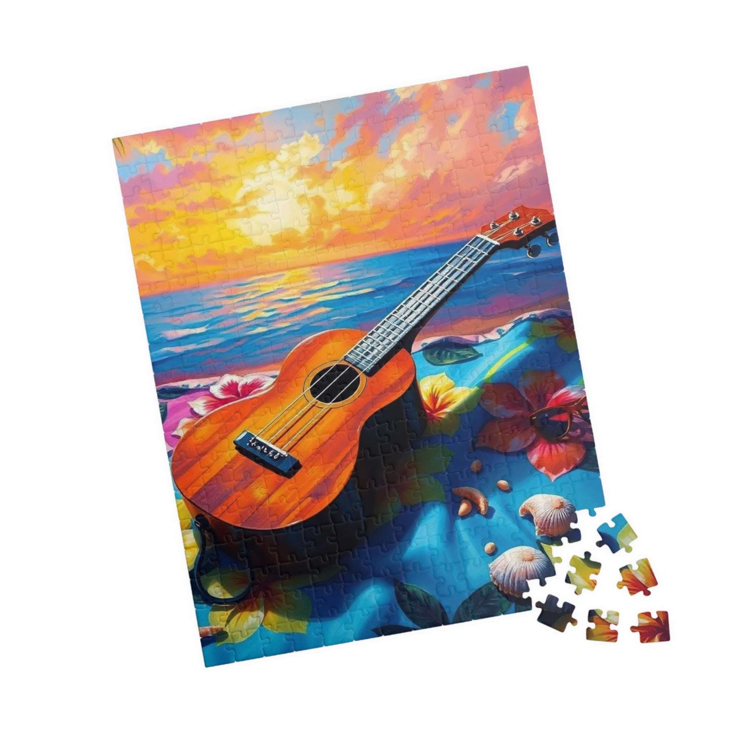 Ukulele Beach Vibes Jigsaw Puzzle - Tropical Hibiscus Towel, Seashells & Sunglasses, Holiday Birthday Gift for Music Lover, Musician