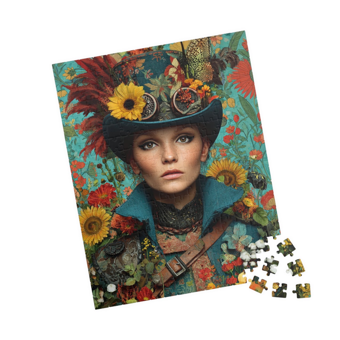 Colorful Steampunk Woman Jigsaw Puzzle – Intricate Floral Portrait with Detailed Hat Design 252 pcs (Vertical) Puzzle The Puzzle Chest