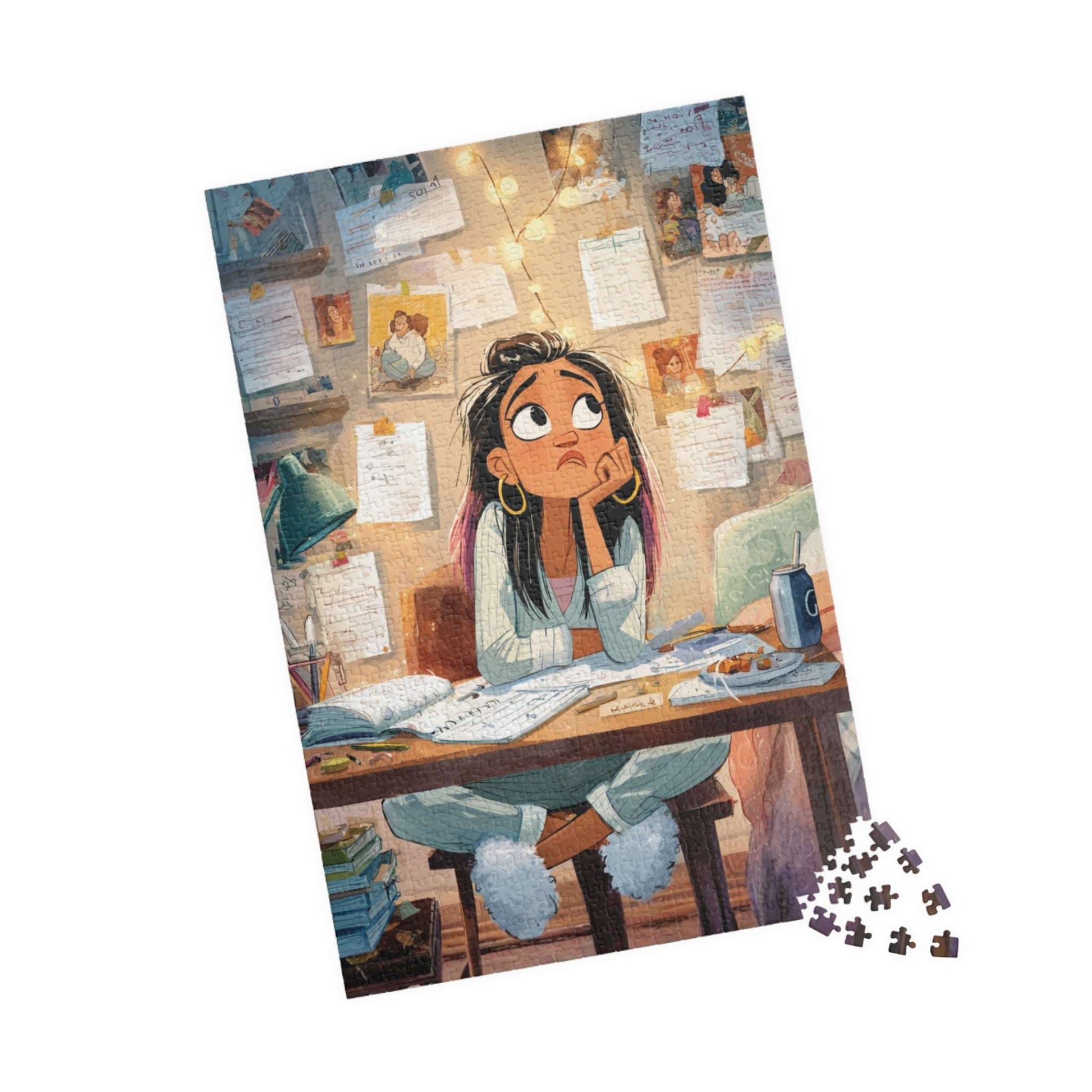 Funny Homework Cartoon Puzzle - Watercolor Jigsaw Game, Teen Girl Struggling at Desk 1014 pcs (Vertical) Puzzle The Puzzle Chest