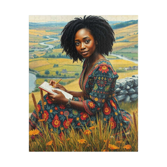The Sketcher Jigsaw Puzzle - Black Woman Drawing on Hillside, Afrocentric Puzzle Art, African American Artwork Puzzle The Puzzle Chest