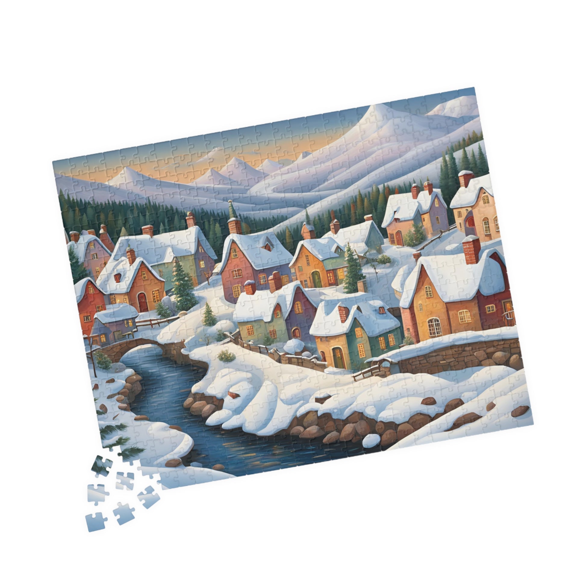 Jigsaw Puzzle, Scandinavian Winter Village, Lake & Mountain View, 110, 252, 520, 1014-Piece. Winter Wonderland Puzzle, Christmas Gift, The Puzzle Chest