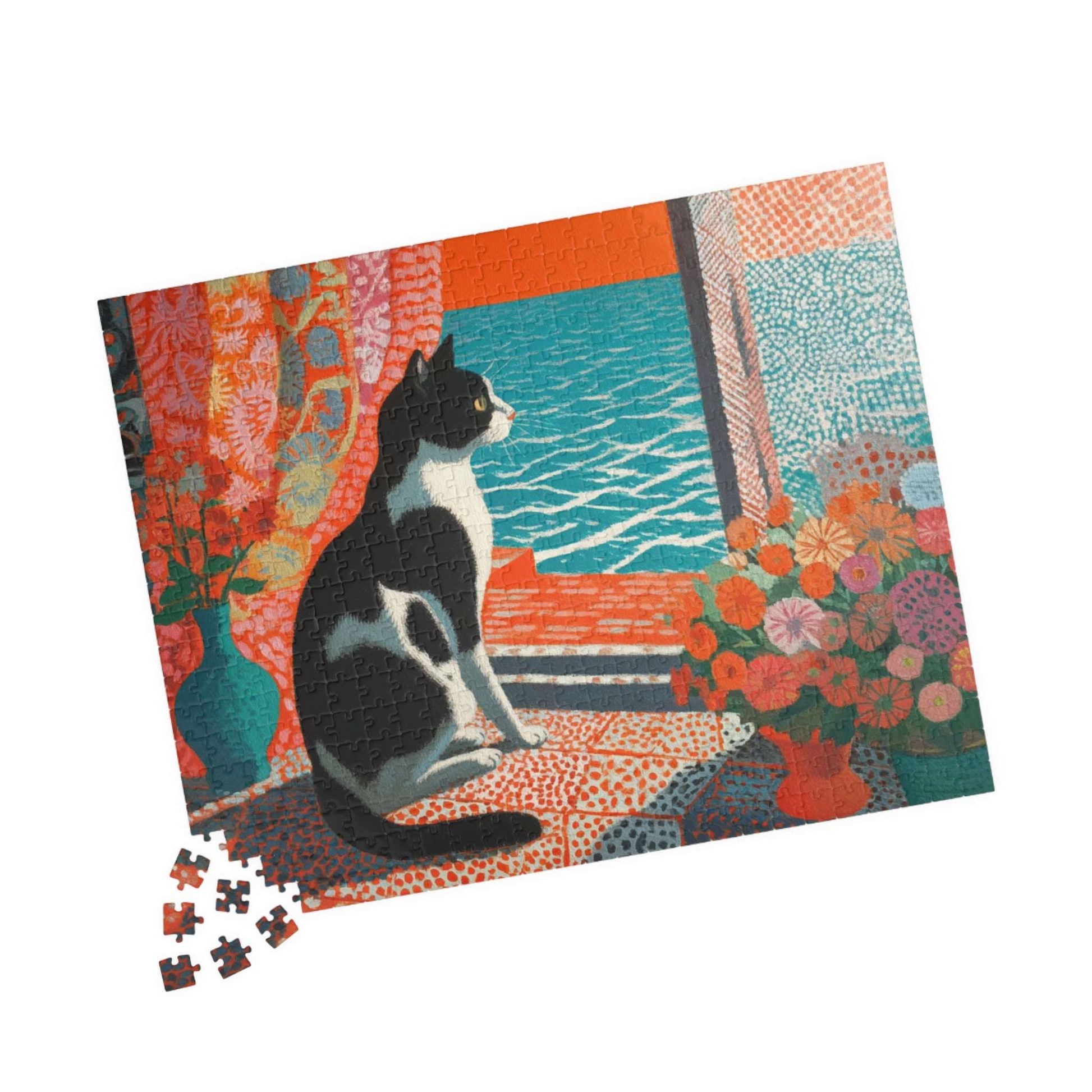 Cat by the Open Window – Fauvist Interior Cat Jigsaw Puzzle, Animal Theme Seaside Art Puzzle, Matisse-Inspired 520 pcs (Horizontal) Puzzle The Puzzle Chest