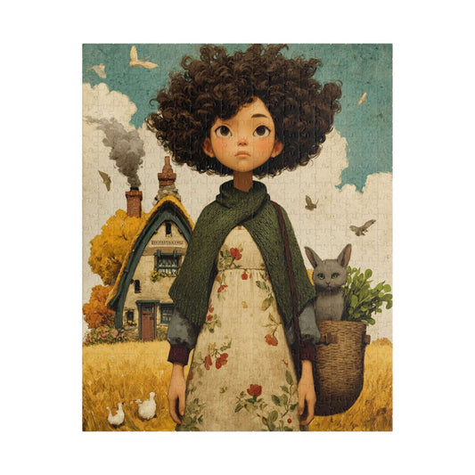 Autumn Cottage Puzzle - Whimsical Storybook Girl with Basket & Kitten, Watercolor Fall Trees Cozy Fairy-Tale Jigsaw Puzzle The Puzzle Chest