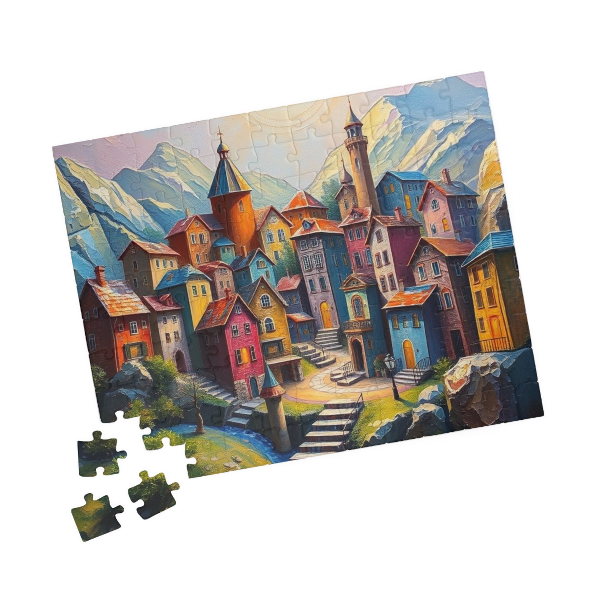 Unique 3D Village Jigsaw Puzzle 110, 252, 520, 1014-piece, Featuring a Colorful Ethereal Town Scene, Mindfulness Gift for Puzzle Enthusiast The Puzzle Chest