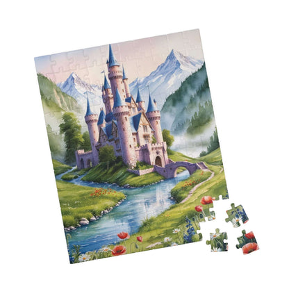 Jigsaw Puzzle, Fairytale Castle Landscape Puzzle - Snow-capped Mountains, Wildflowers, River, Scenic Puzzle Puzzle The Puzzle Chest