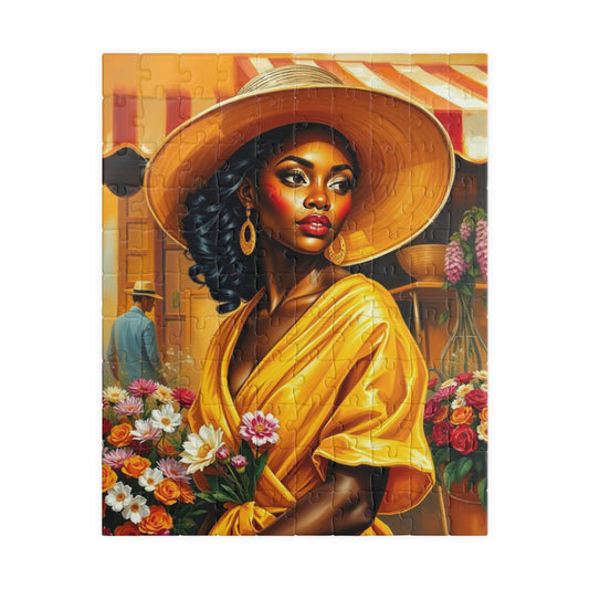 Colorful African American Puzzle Art - Beautiful Black Woman in Yellow Dress, 110-1014 pieces, Gift for Art Lovers, Home Decor, Puzzle Night