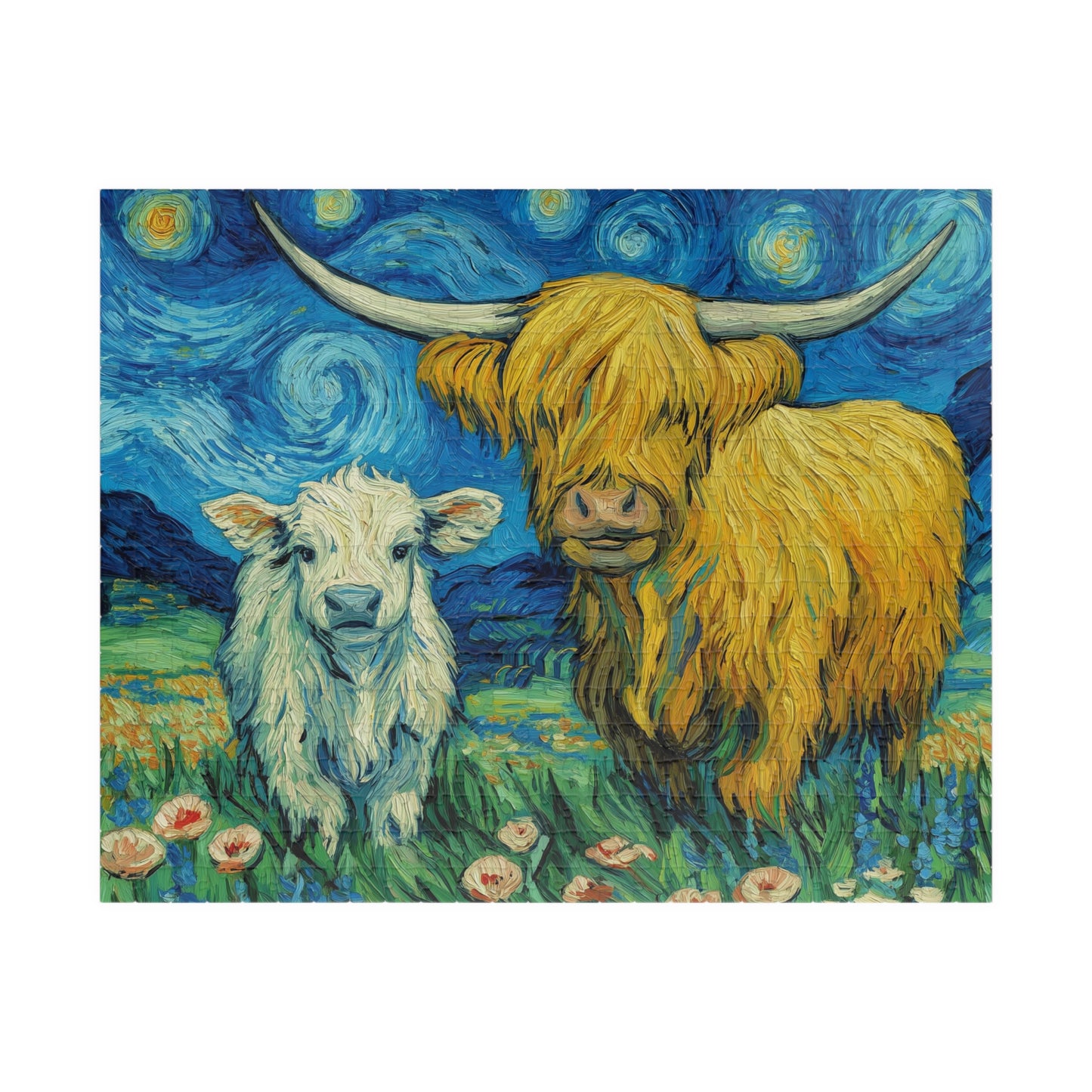 Highland Cow and Calf Puzzle 110/252/520/1014-piece | Van Gogh Starry Sky Style Jigsaw Puzzle The Puzzle Chest