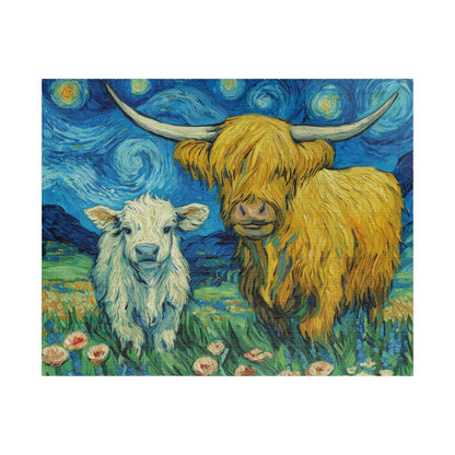 Highland Cow and Calf Puzzle 110/252/520/1014-piece | Van Gogh Starry Sky Style Jigsaw Puzzle The Puzzle Chest