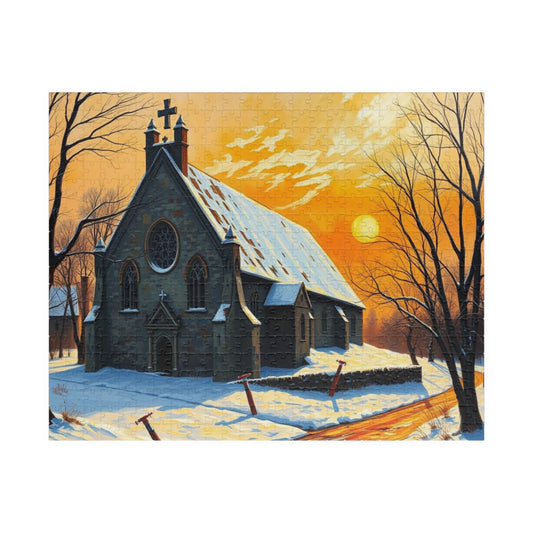 Twilight Cathedral Jigsaw Puzzle - Mystical Winter Chapel, Gothic Art Print, Dark Fantasy Art Gift for Puzzle Enthusiasts, Holiday Activity 520 pcs (Horizontal) Puzzle The Puzzle Chest