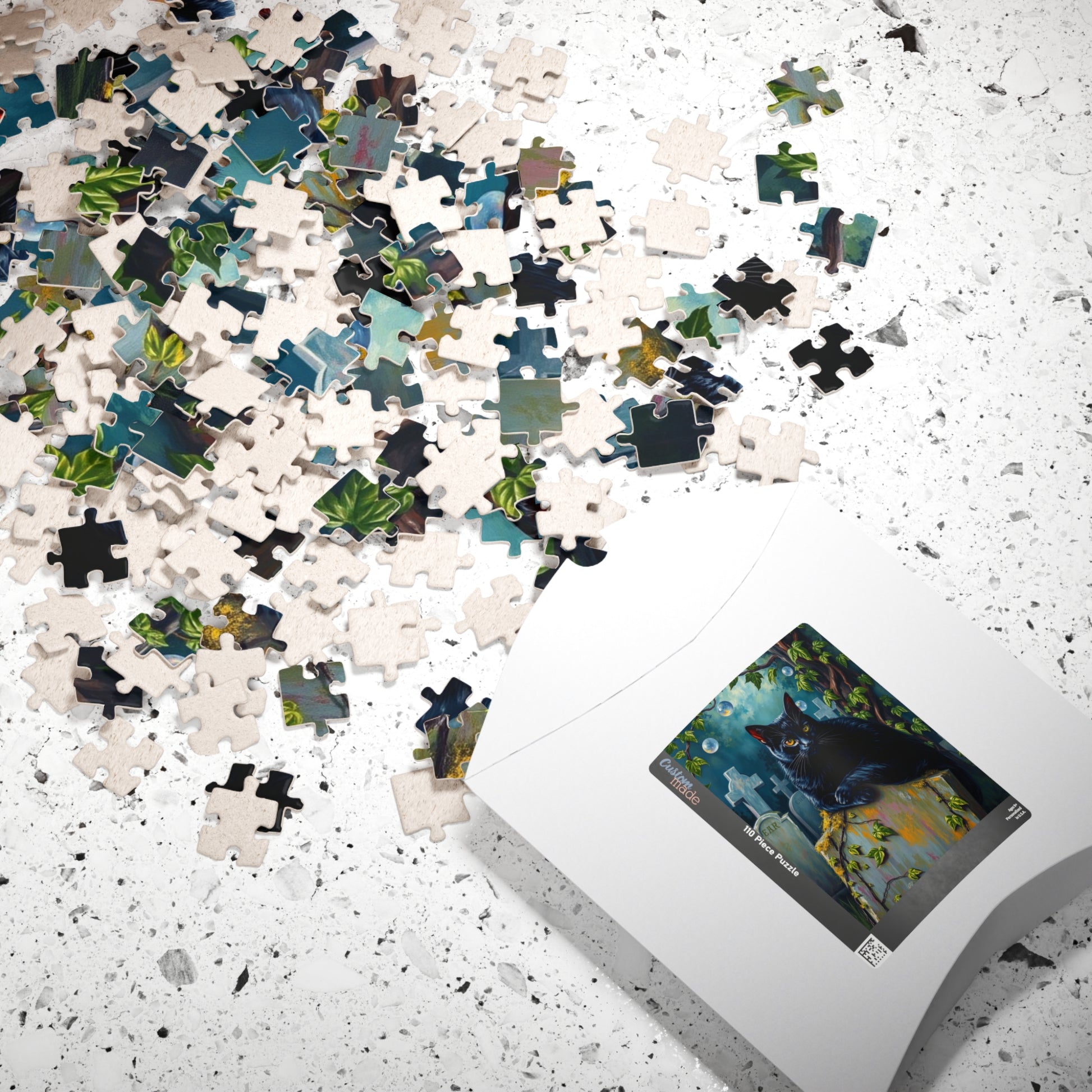 Gothic Puzzle, Black Cat Rests on Moss-Covered Tombstone, Eerie Atmosphere, Halloween Jigsaw Game, Spooky Home Decor, Creepy Cat Lover Gift Puzzle The Puzzle Chest