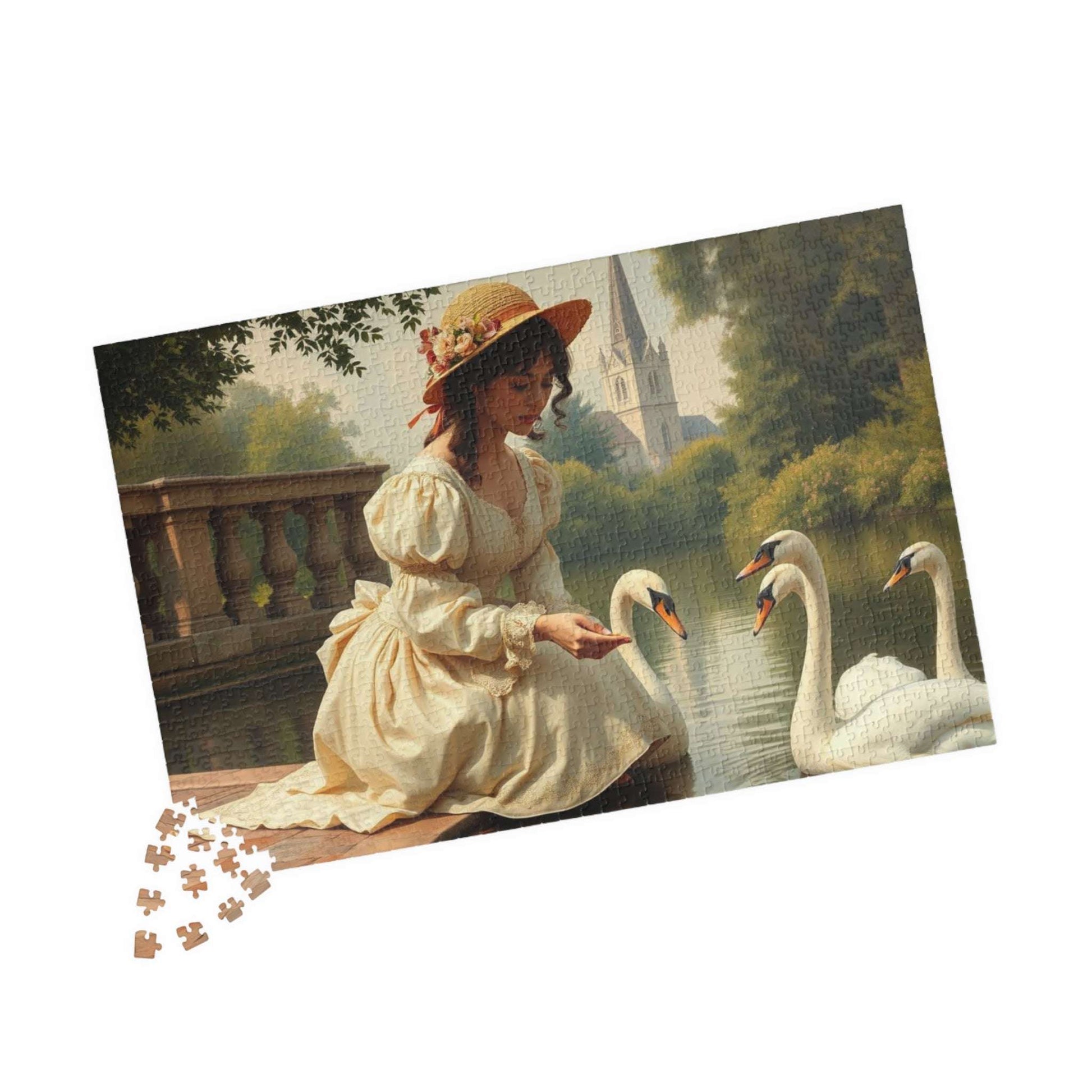 Victorian Lady Feeding Swans by the Pond - Elegant 19th Century Jigsaw Puzzle Scene 1014 pcs (Horizontal) Puzzle The Puzzle Chest
