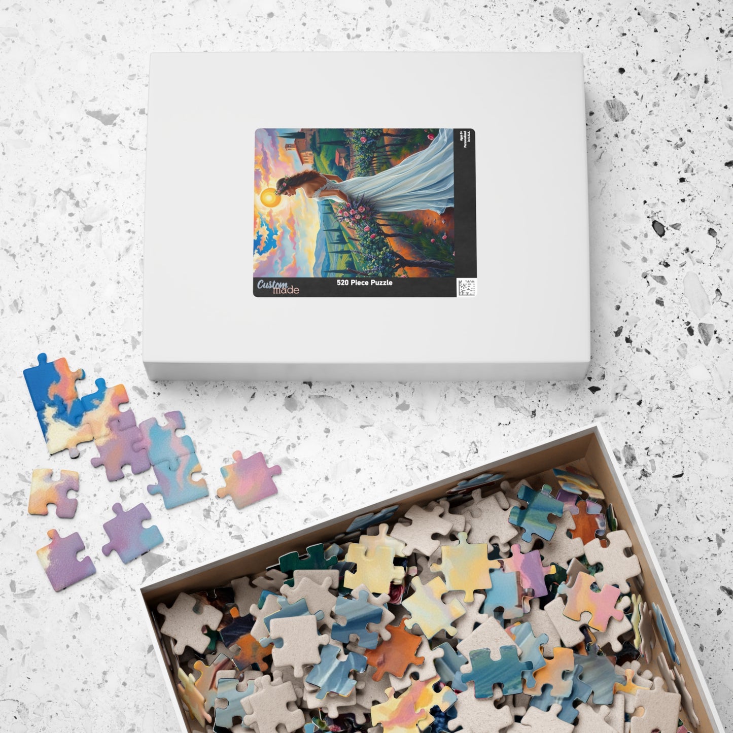 Whimsical Italian Bride Jigsaw Puzzle, White Gown Floral Crown Rose Bouquet, Tuscan Vineyard Romantic Wedding, Modern Art Lover Unique Gift Puzzle The Puzzle Chest