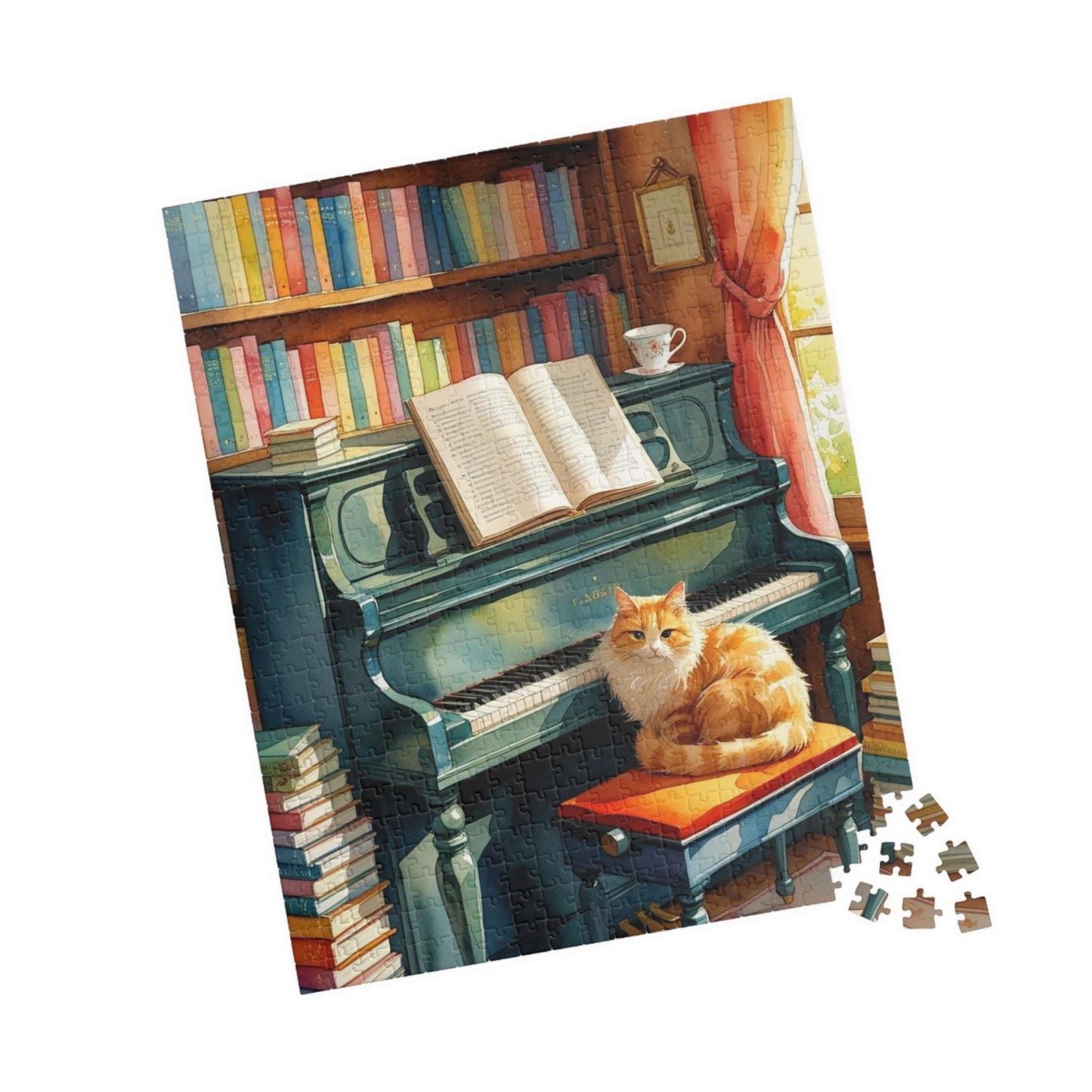 Cozy Piano Reading Nook Jigsaw Puzzle, Birthday Gift for Book Lover, Cat Mom, Piano Teacher & Music Fan, Cat Themed Puzzle, Indoor Activity