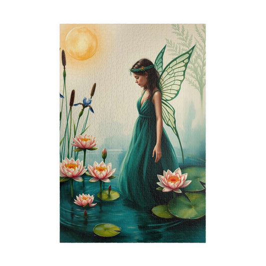 Fairy at the Lily Pond Jigsaw Puzzle - Botanical Fantasy Art in Soft Sage, 110-1014 Piece Mystical Nature Lover Gift, Family Fun Activity