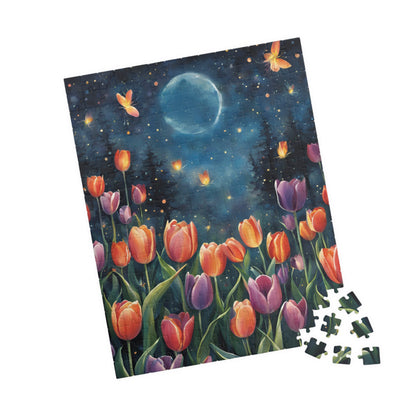 Moonlit Tulip Garden Puzzle, Glowing Tulips and Fireflies Tranquil Night Fantasy Adult Jigsaw Game, Nature-Inspired Gift for Puzzle Fanatic Puzzle The Puzzle Chest