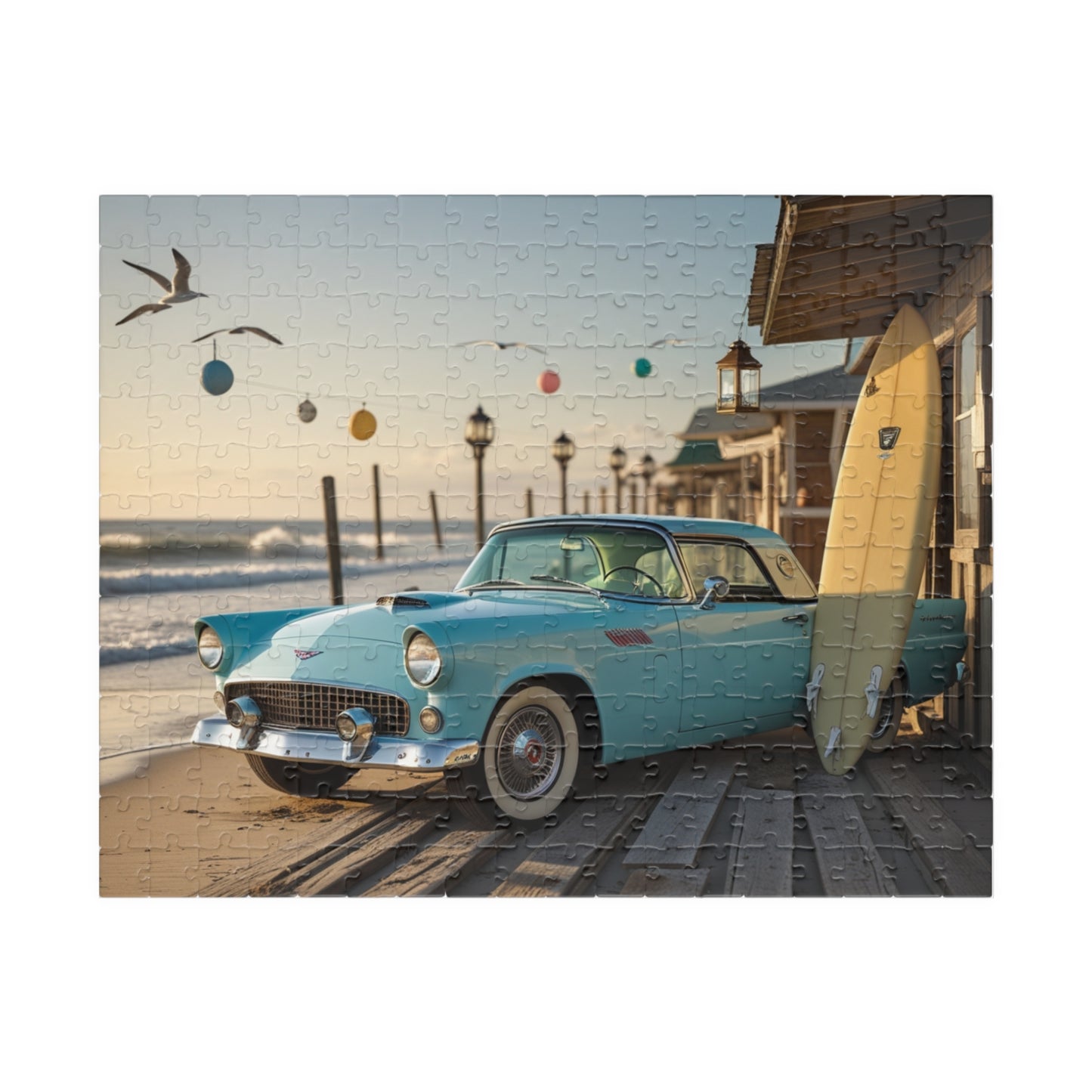 Vintage Car Jigsaw Puzzle - Classic 1955 Thunderbird | Retro Auto Beach Scene 252 pcs (Horizontal) Puzzle The Puzzle Chest