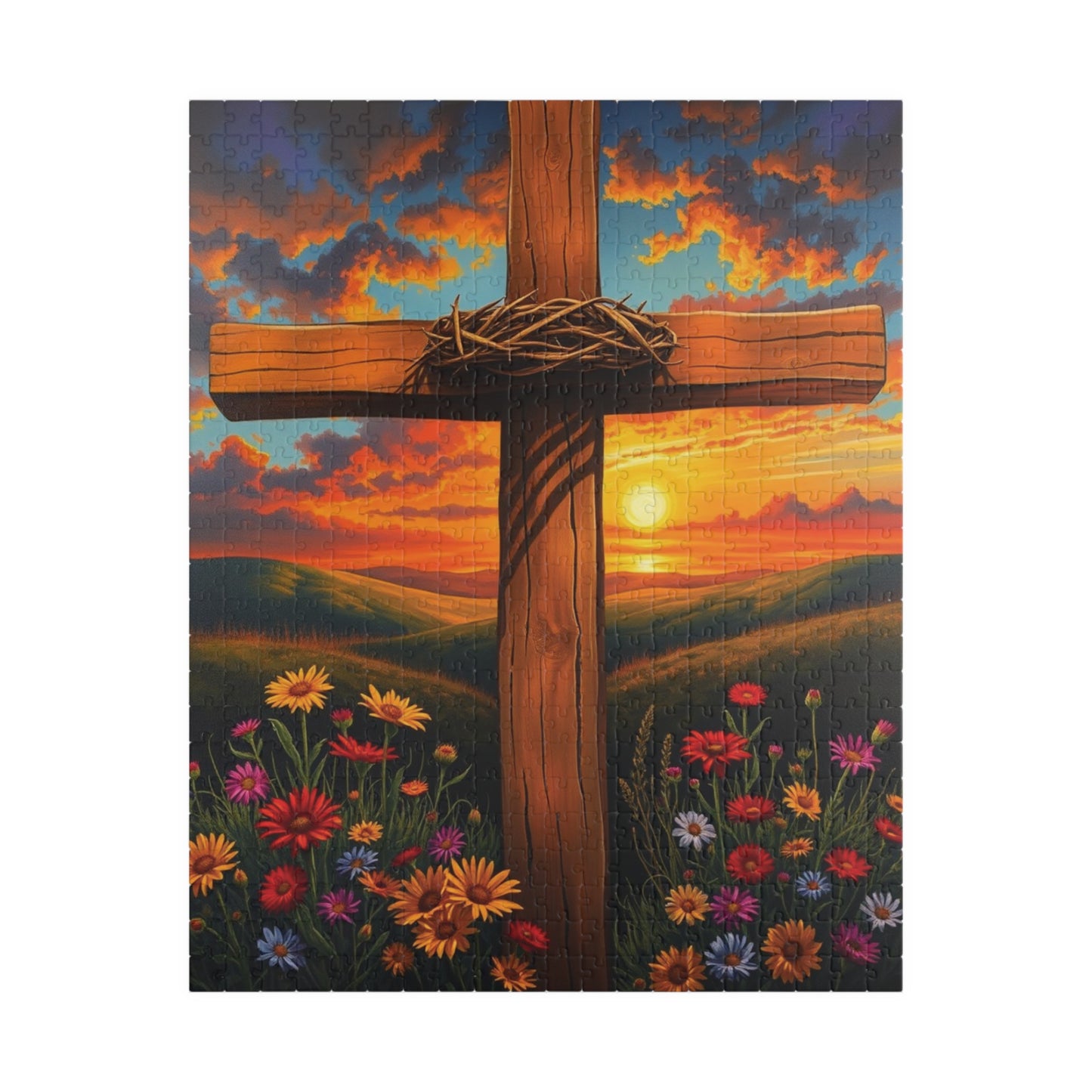 Crown of Thorns Cross Puzzle, Sunset Scene with Symbolic Christian Art, Religious Faith-Based Jigsaw Game, Inspirational Puzzle Lover Gift