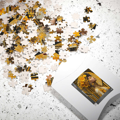 Elegant Afrocentric Jigsaw Puzzle - Melanin African American Queen in Gold Jewelry and Flower Crown Puzzle The Puzzle Chest