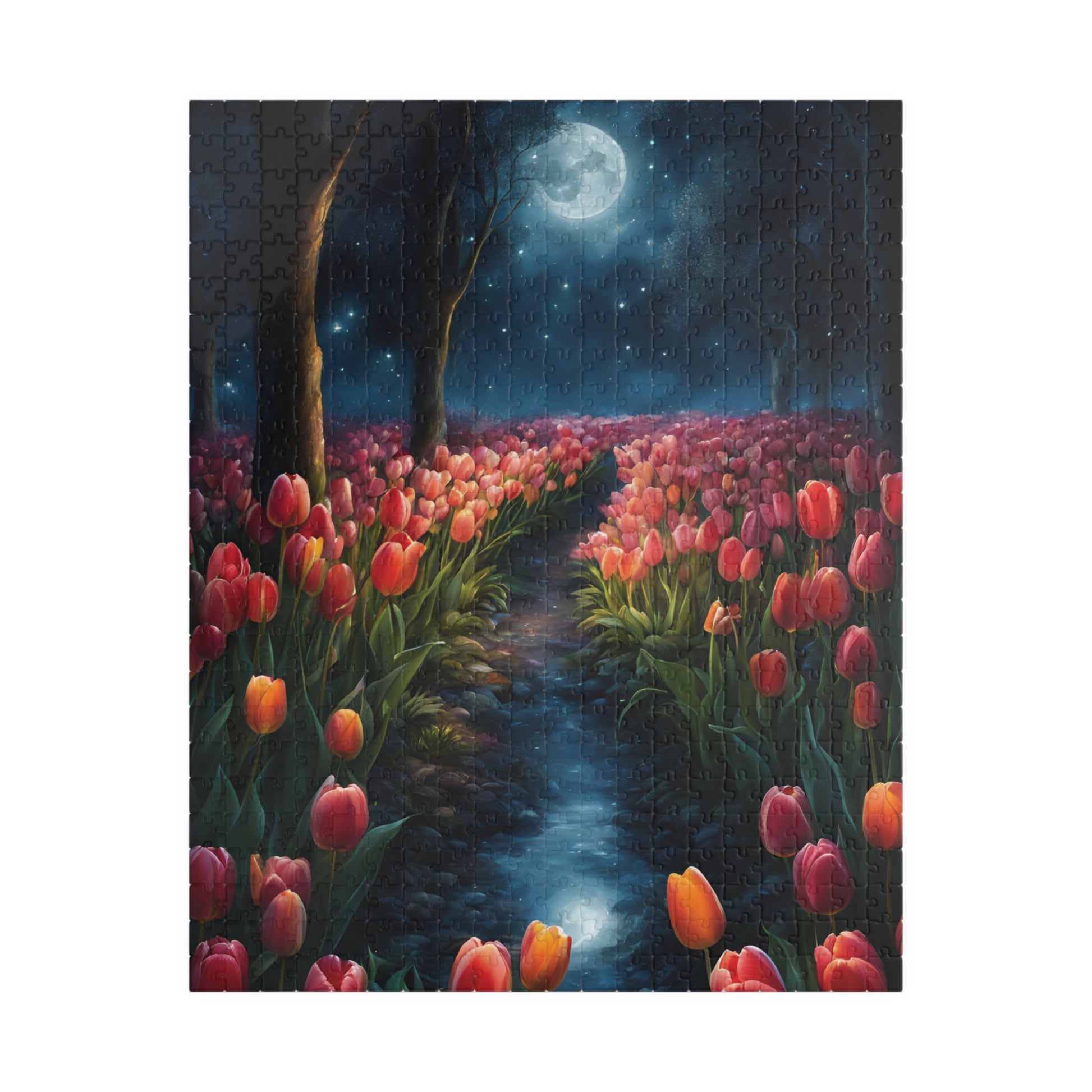 Magical Nighttime Tulip Puzzle, Peaceful Floral Scene Under the Moon, Glowing Flowers and Tranquil River Jigsaw Game, Gift for Nature Lover 520 pcs (Vertical) Puzzle The Puzzle Chest