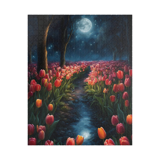 Magical Nighttime Tulip Puzzle, Peaceful Floral Scene Under the Moon, Glowing Flowers and Tranquil River Jigsaw Game, Gift for Nature Lover 520 pcs (Vertical) Puzzle The Puzzle Chest