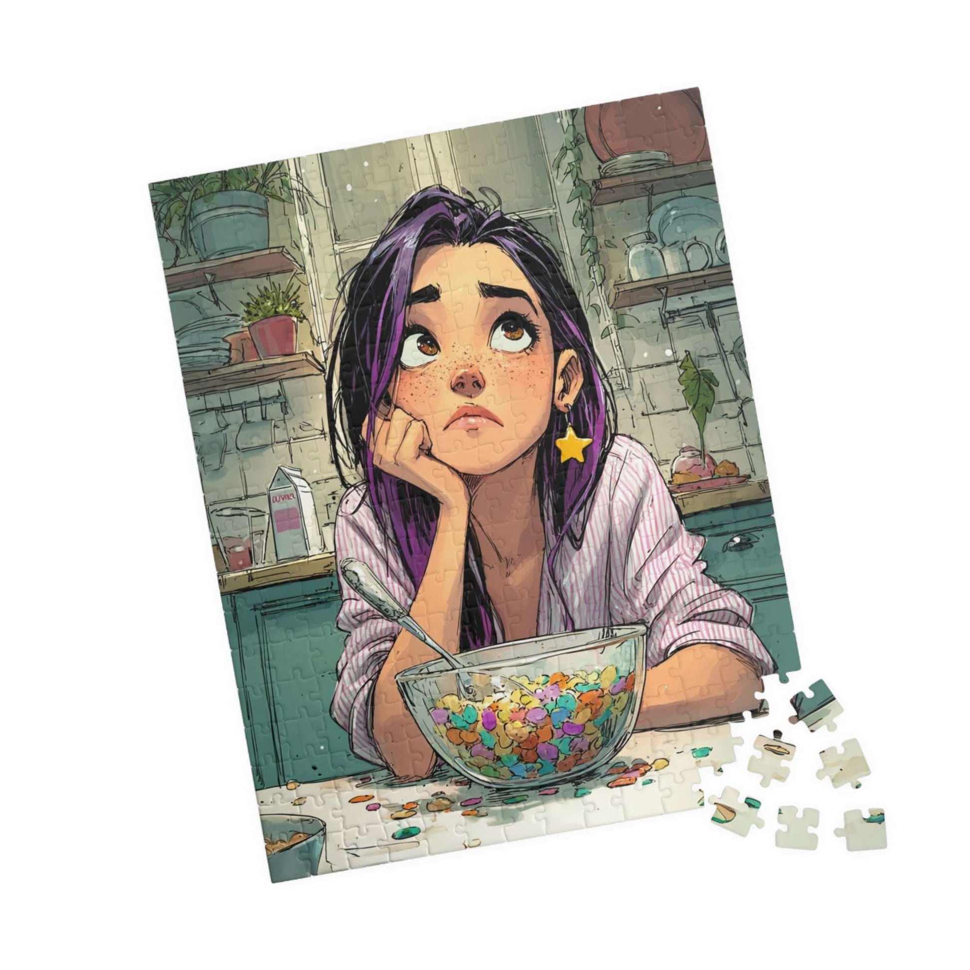 Funny Breakfast Cartoon Puzzle - Watercolor Jigsaw Game, Girl with Spill in Kitchen, Thoughtful Moments 252 pcs (Vertical) Puzzle The Puzzle Chest