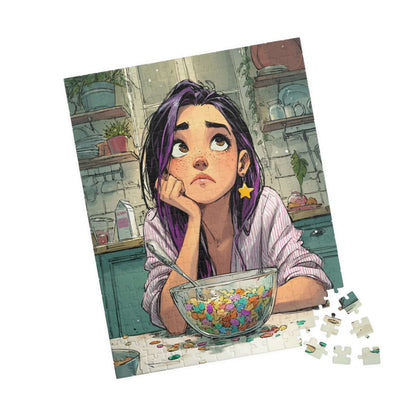 Funny Breakfast Cartoon Puzzle - Watercolor Jigsaw Game, Girl with Spill in Kitchen, Thoughtful Moments 252 pcs (Vertical) Puzzle The Puzzle Chest