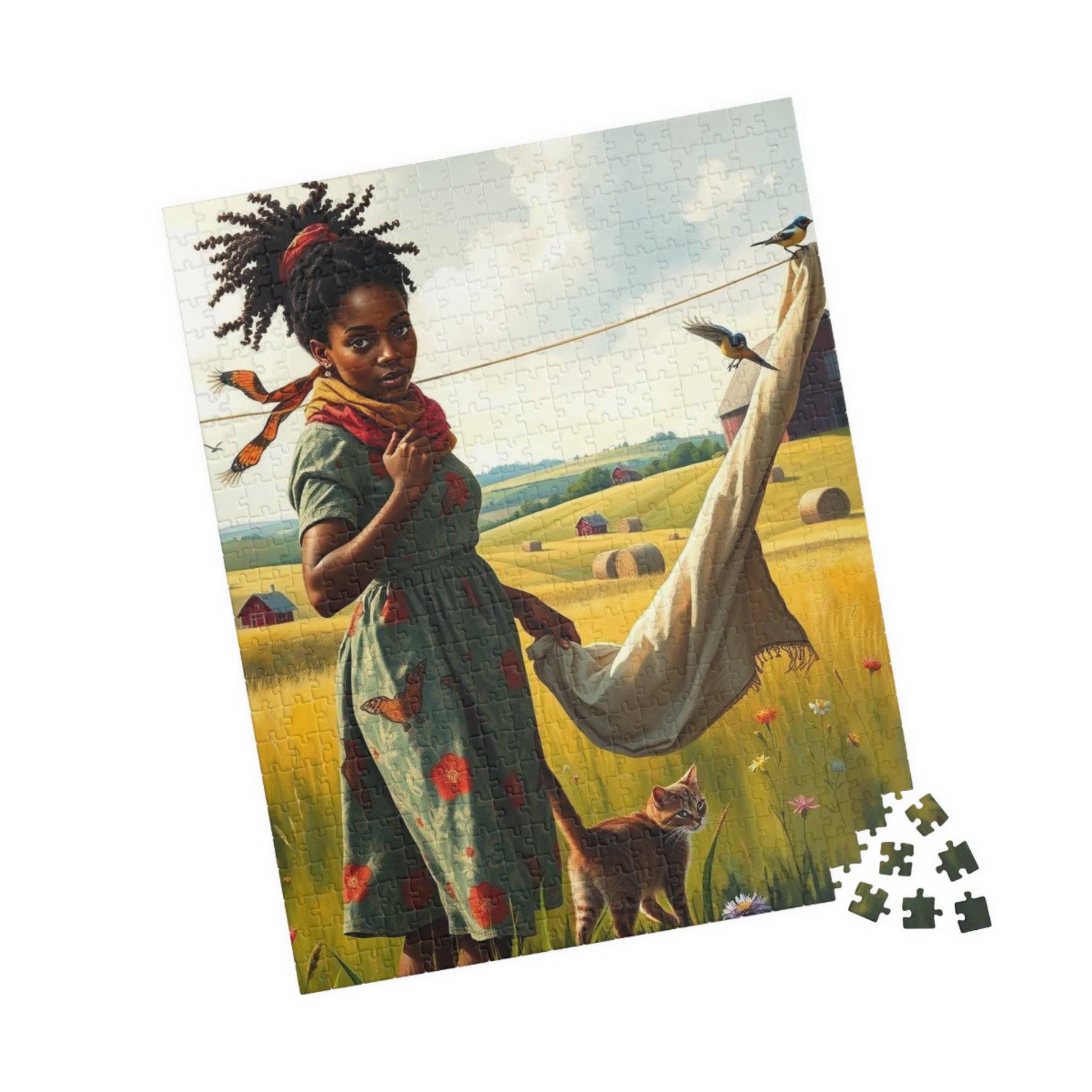 The Laundress Jigsaw Puzzle – Black Woman Hanging Laundry with Cat, Afrocentric Art, African American Artwork 520 pcs (Vertical) Puzzle The Puzzle Chest