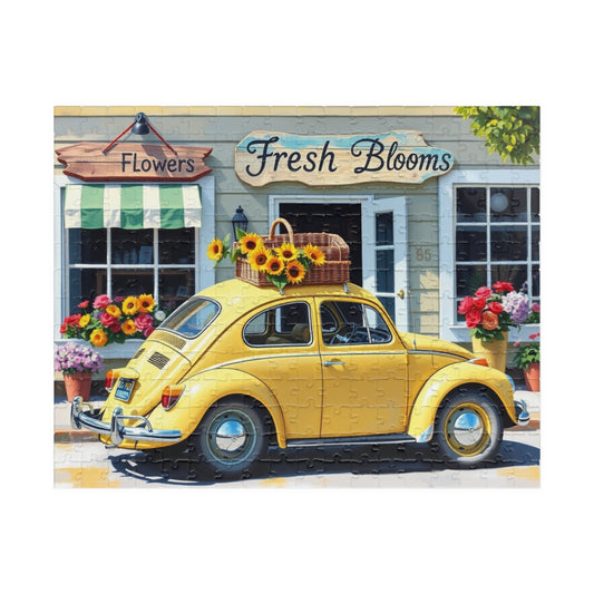 Vintage Volkswagen Beetle Jigsaw Puzzle, Pastel Yellow Classic Car, Sunflowers and Flower Shop Scene, Ideal Gift for Him, Puzzle Fanatic 252 pcs (Horizontal) Puzzle The Puzzle Chest