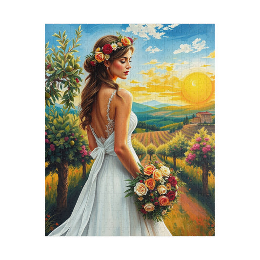 Romantic Italian Bride Jigsaw Puzzle, White Gown Floral Crown Rose Bouquet, Tuscan Wine Vineyard Romantic Wedding, Unique Puzzle Lover Gift 520 pcs (Vertical) Puzzle The Puzzle Chest