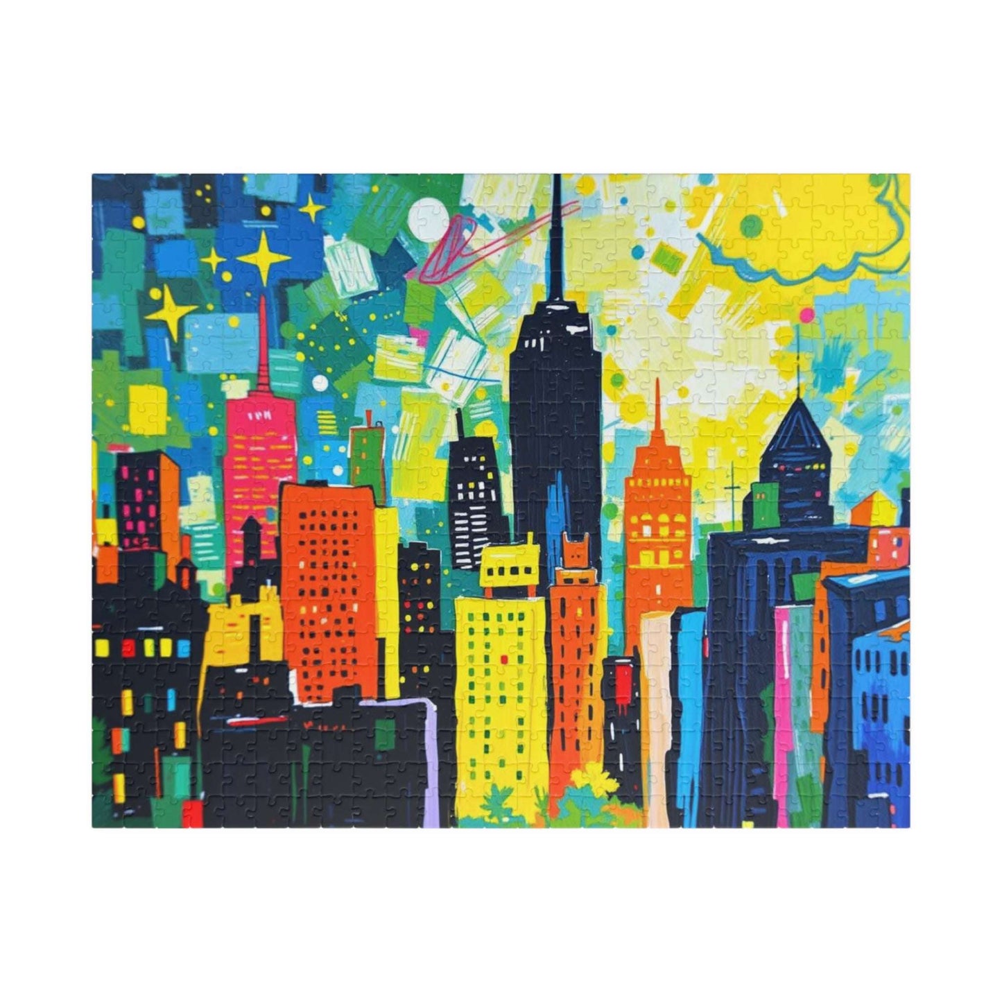 Skyscraper Splendor Jigsaw Puzzle - Vibrant Urban Glow Cityscape Puzzle for Adults