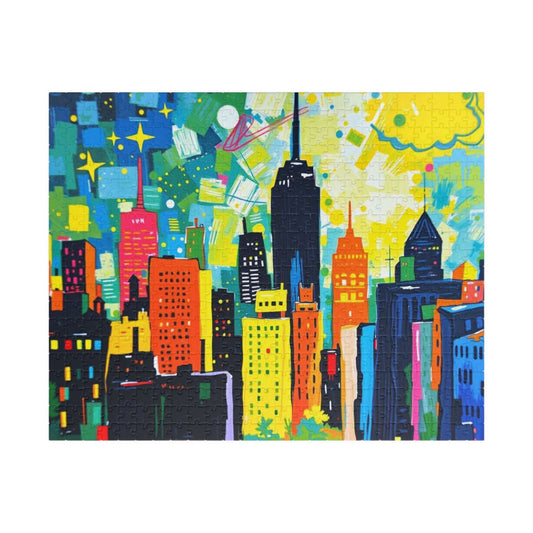 Skyscraper Splendor Jigsaw Puzzle - Vibrant Urban Glow Cityscape Puzzle for Adults