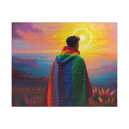 LGBTQ Pride Flag Puzzle - Queer Person in Rainbow Sunset Landscape, Fun Activity, Unique Holiday Birthday Pride Month Gift, Mindful Activity 110 pcs (Horizontal) Puzzle The Puzzle Chest