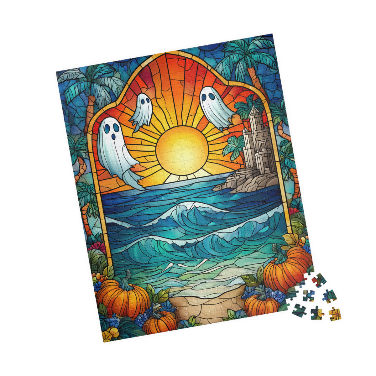 Stained Glass Style Sunset with Ghosts Puzzle | Ocean Waves, Pumpkins, Castle 110/252/520/1014-piece 520 pcs (Vertical) Puzzle The Puzzle Chest