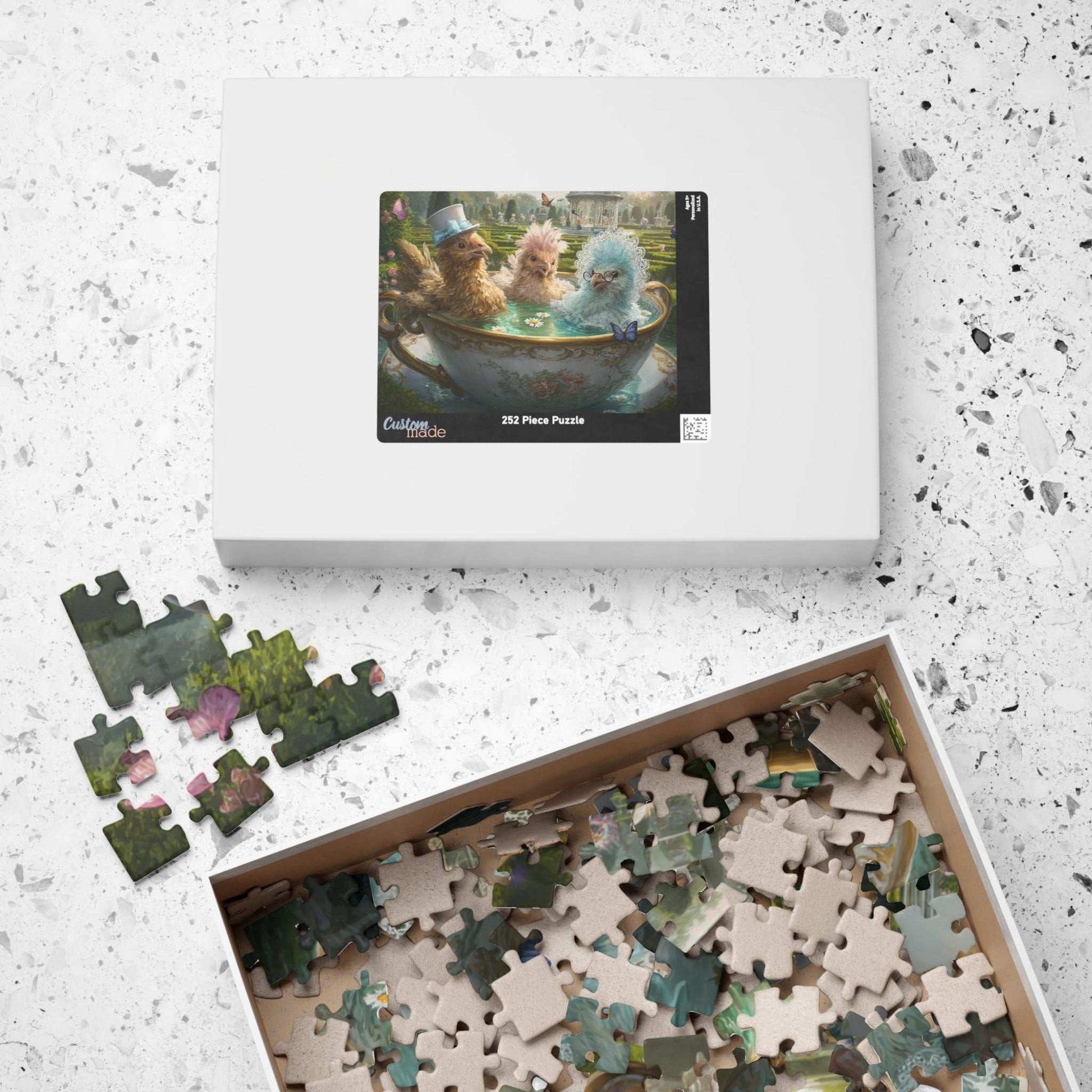 Whimsical Garden Tea Chicken Puzzle – Three Fancy Chickens in Giant Teacup Bath with Flowers, Fairy-Tale Farm Animal Jigsaw Puzzle The Puzzle Chest