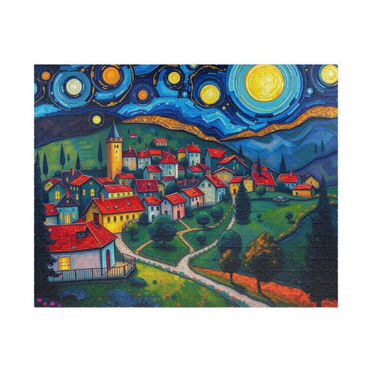 Beautiful Starry Night Village Jigsaw Puzzle, Art Lover Gift for Friends, Family Activity, Home Entertainment, Mindfulness Brain Teaser 520 pcs (Horizontal) Puzzle The Puzzle Chest