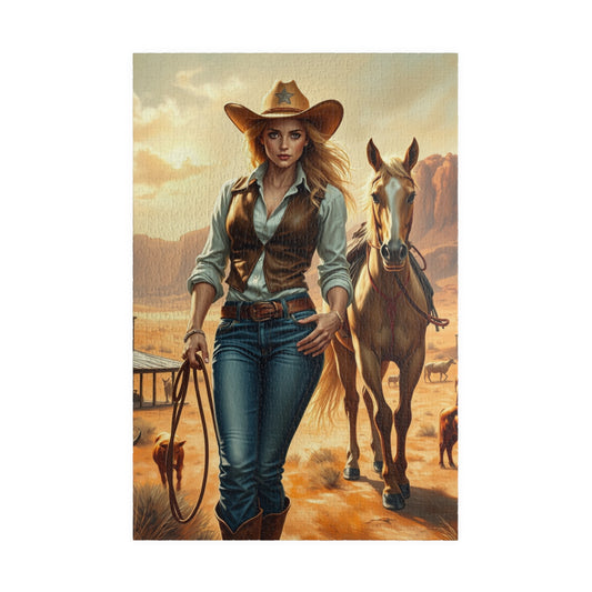 Blonde Cowgirl Puzzle, Palomino Horse Saloon and Grazing Cattle in the Desert, Western Frontier Landscape Jigsaw Game, Puzzle Lover Gift 1014 pcs (Vertical) Puzzle The Puzzle Chest
