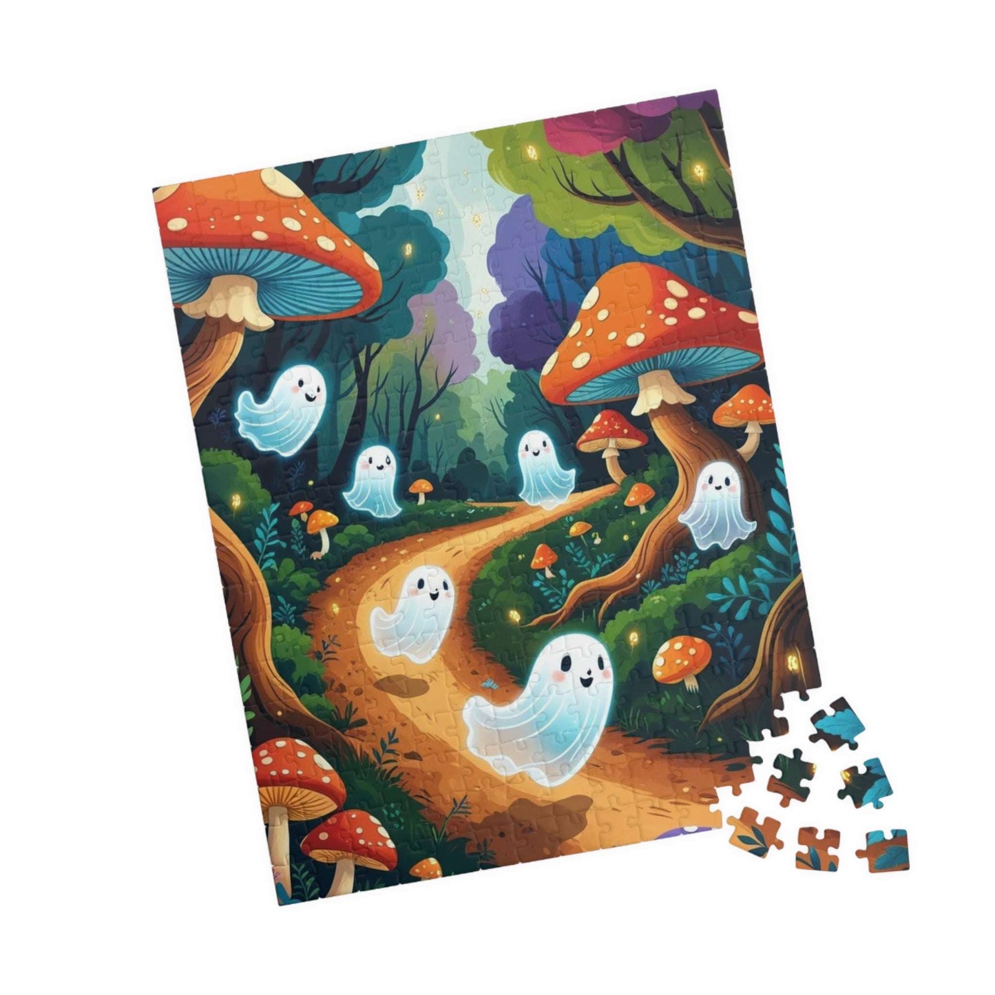 Mystical Forest Ghost Parade Jigsaw Puzzle - Enchanting Ghosts and Mushrooms Halloween Puzzle