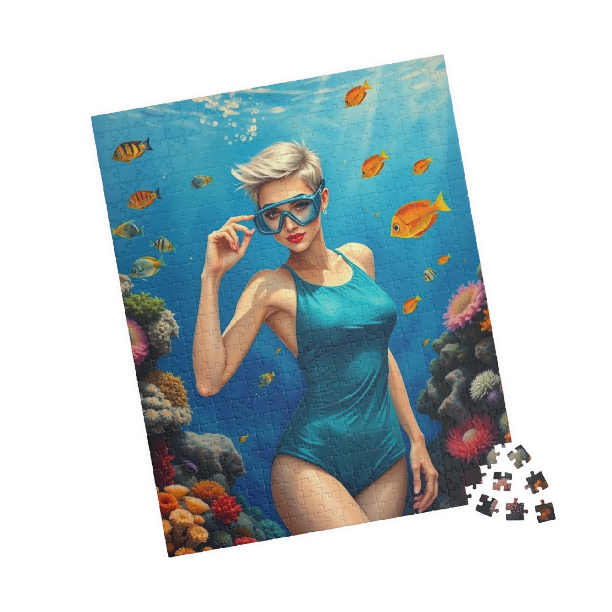 Puzzle, Woman Snorkeling on Coral Reef, Jigsaw Game for Adults, 110/252/520/1014-piece, Relaxing Activity, Mindfulness Gift, Ocean Scene Puzzle The Puzzle Chest
