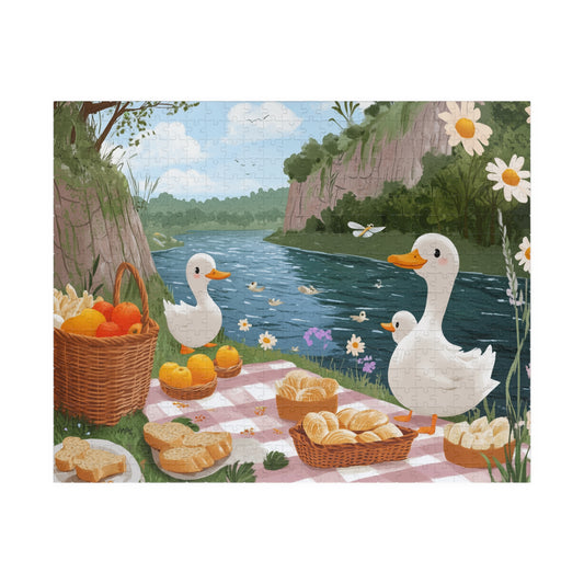 Duck Picnic Jigsaw Puzzle | Scenic Riverbank Farm Animal Illustration Puzzle The Puzzle Chest